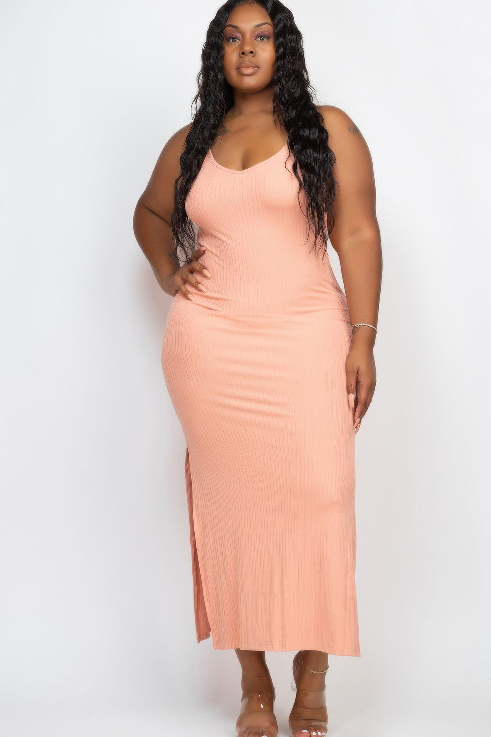 Thumbnail: Plus Size Ribbed Side Slit Long Cami Maxi Dress