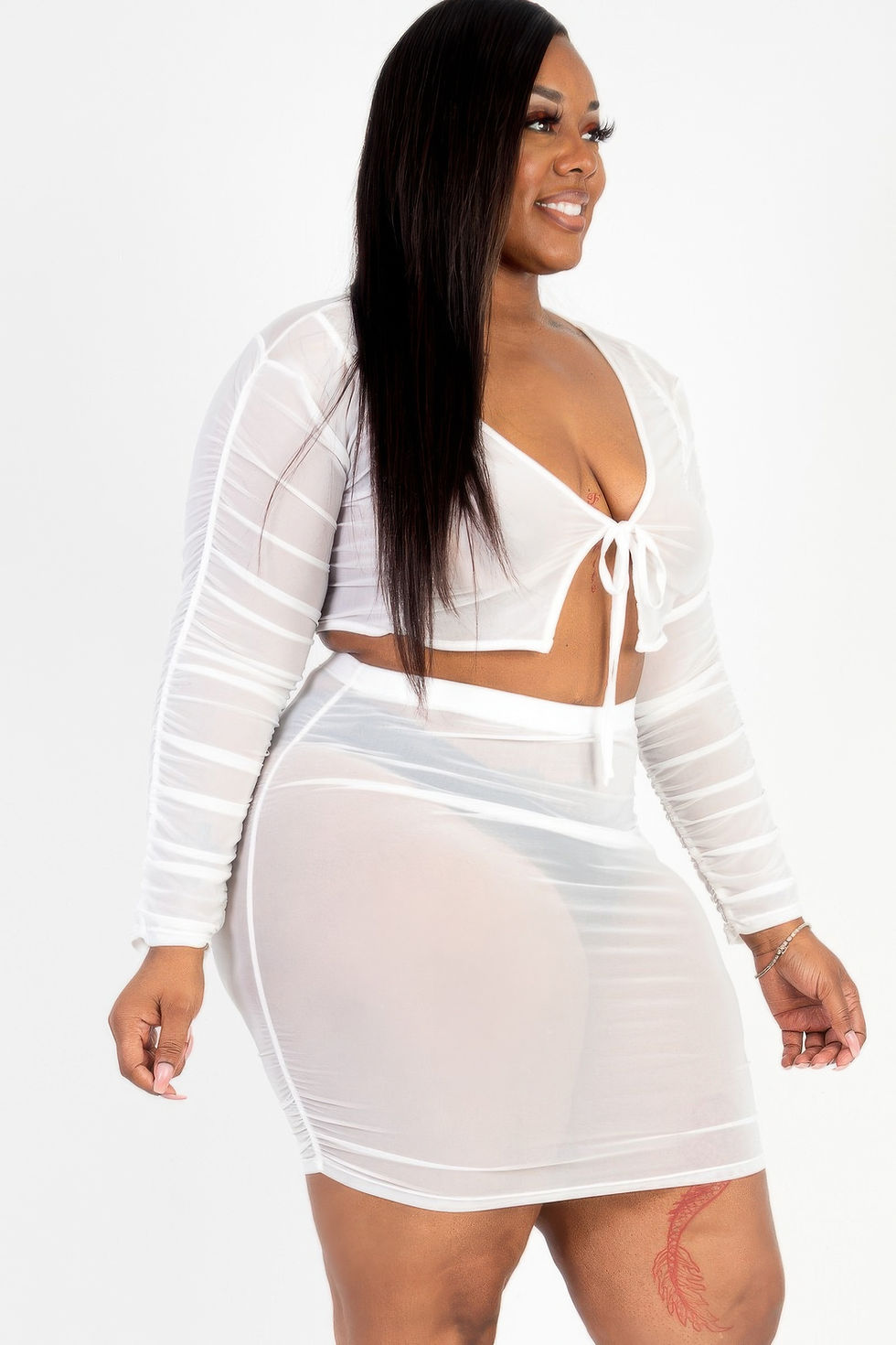 Thumbnail: Plus Size Sheer Mesh Tie Front Crop Top & Ruched Side Mini Dress
