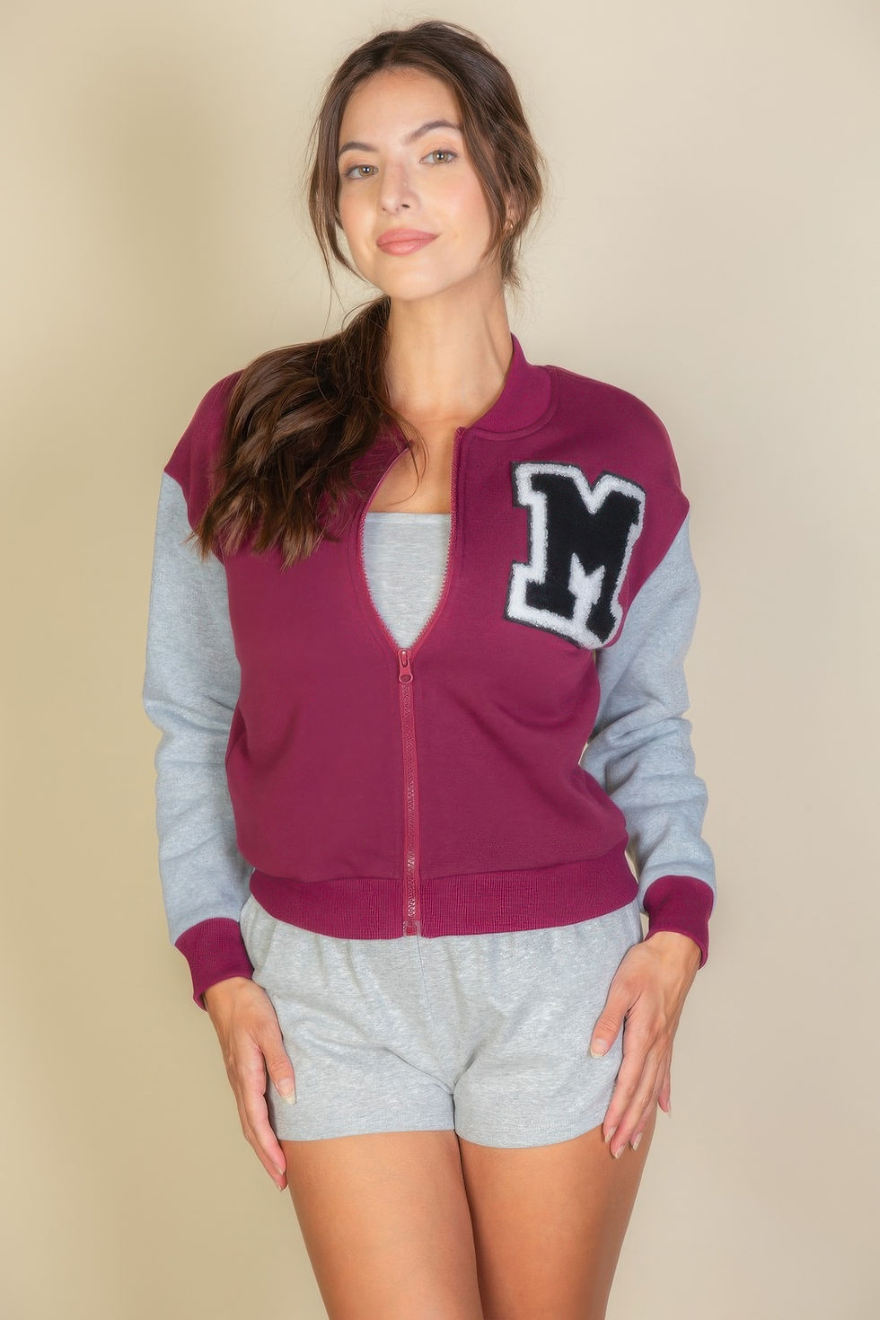 Thumbnail: Letter Patched Striped Trim Varsity Jacket