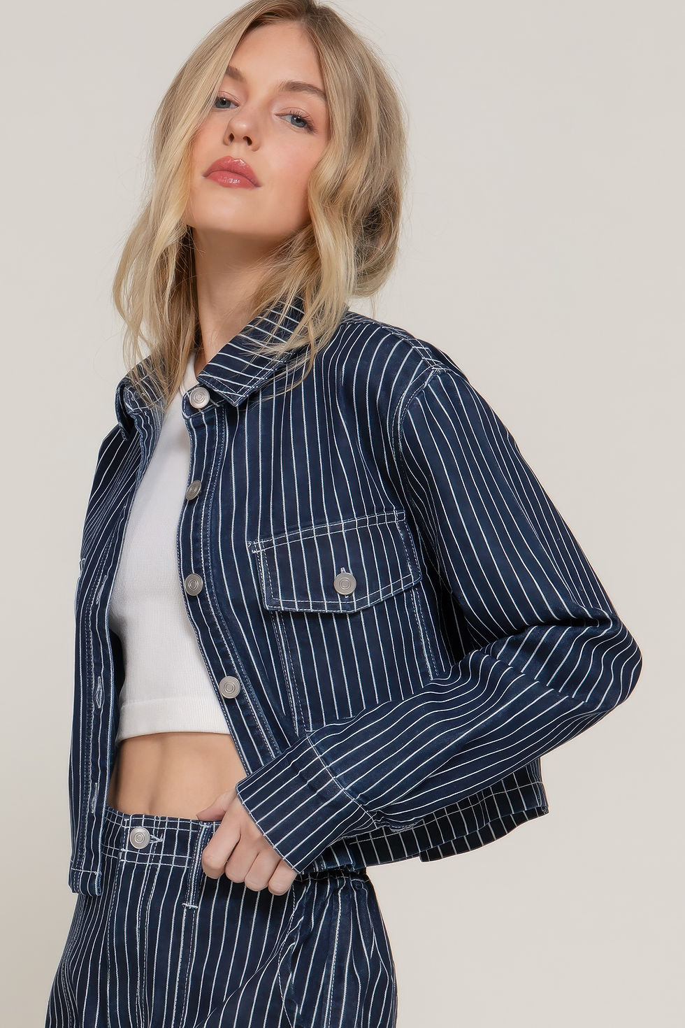 Thumbnail: Button Down Stripe Denim Short Jacket