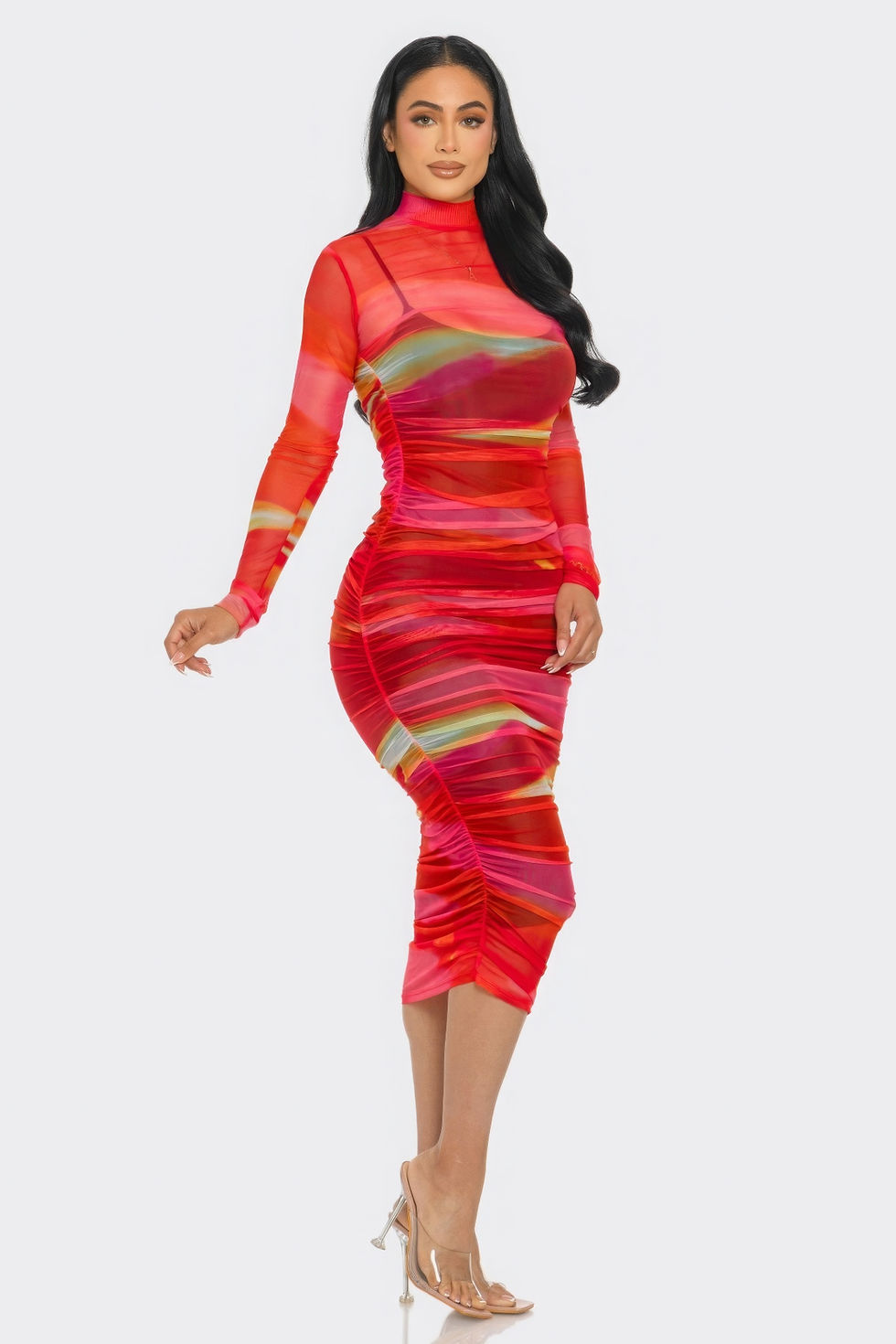 Thumbnail: Glitch Print Mesh Ruched Midi Dress