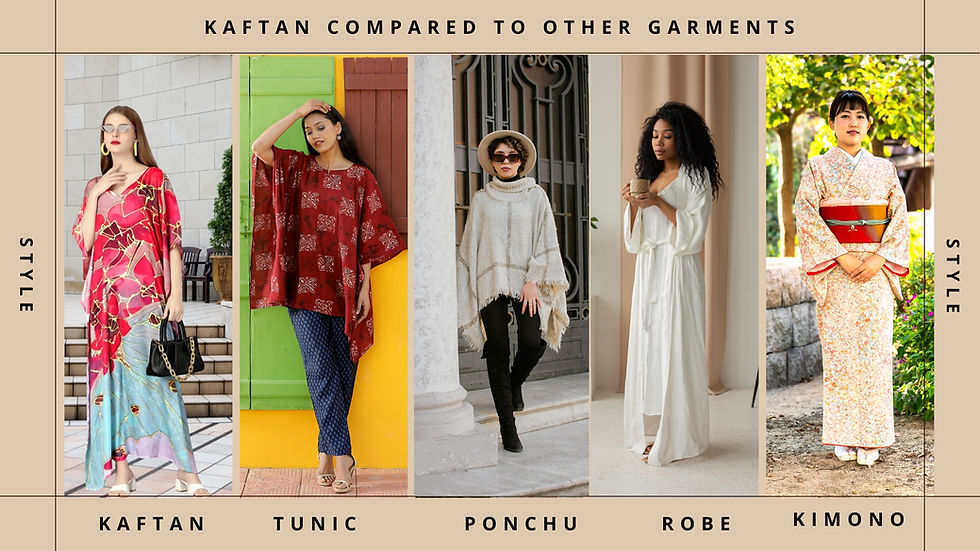 "A stylish woman wearing a flowing kaftan, standing beside a traditional kimono, poncho, tunic, and robe—showcasing the distinct elegance of each garment."