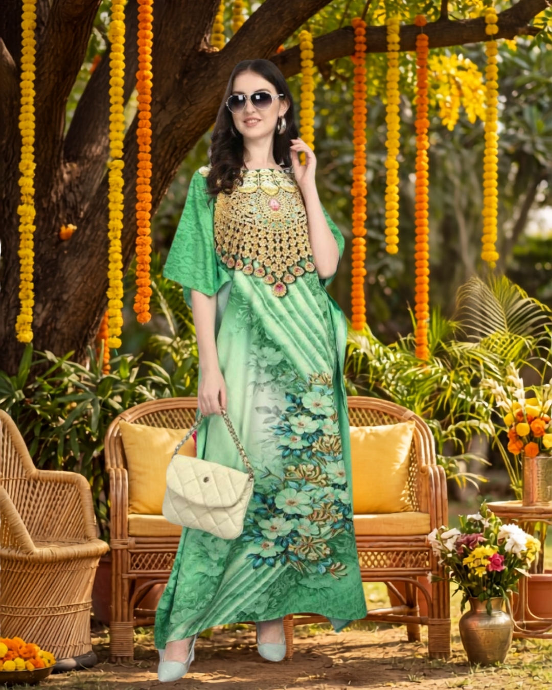 Front view of green printed kaftan dress with gold embellished neckline