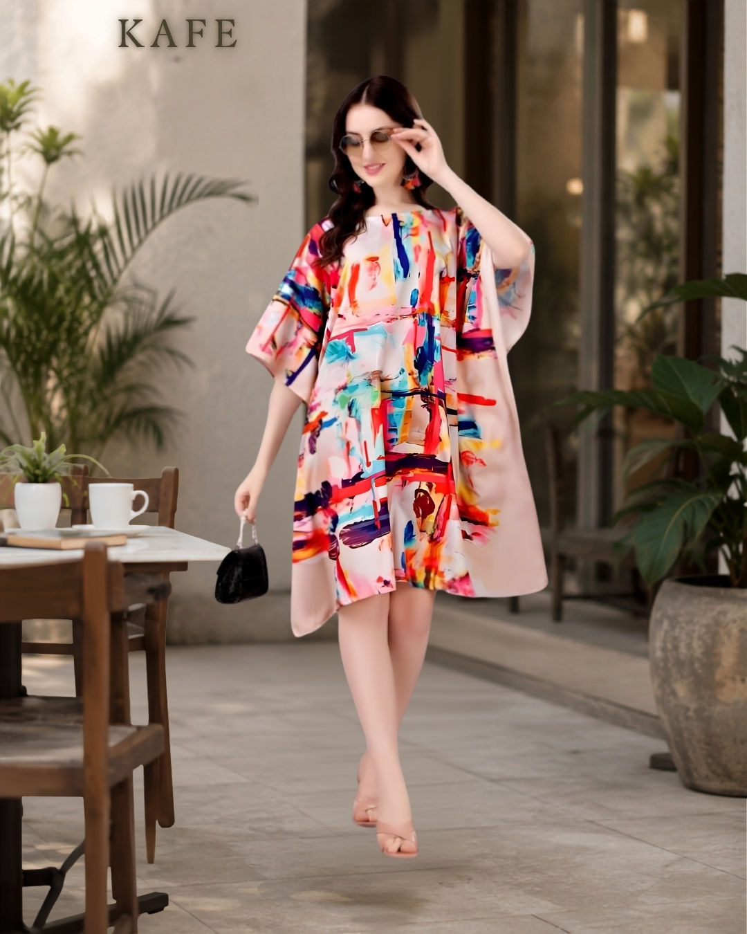 Front view of multicolor abstract short kaftan with pink, red, blue, yellow, and orange print.