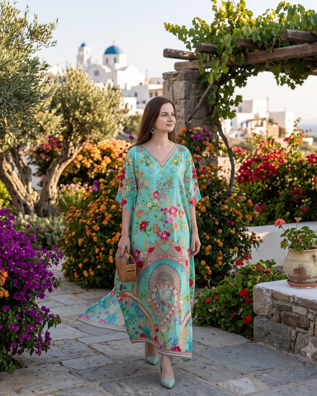 Kaftan styled outdoors among flowers and stone paths