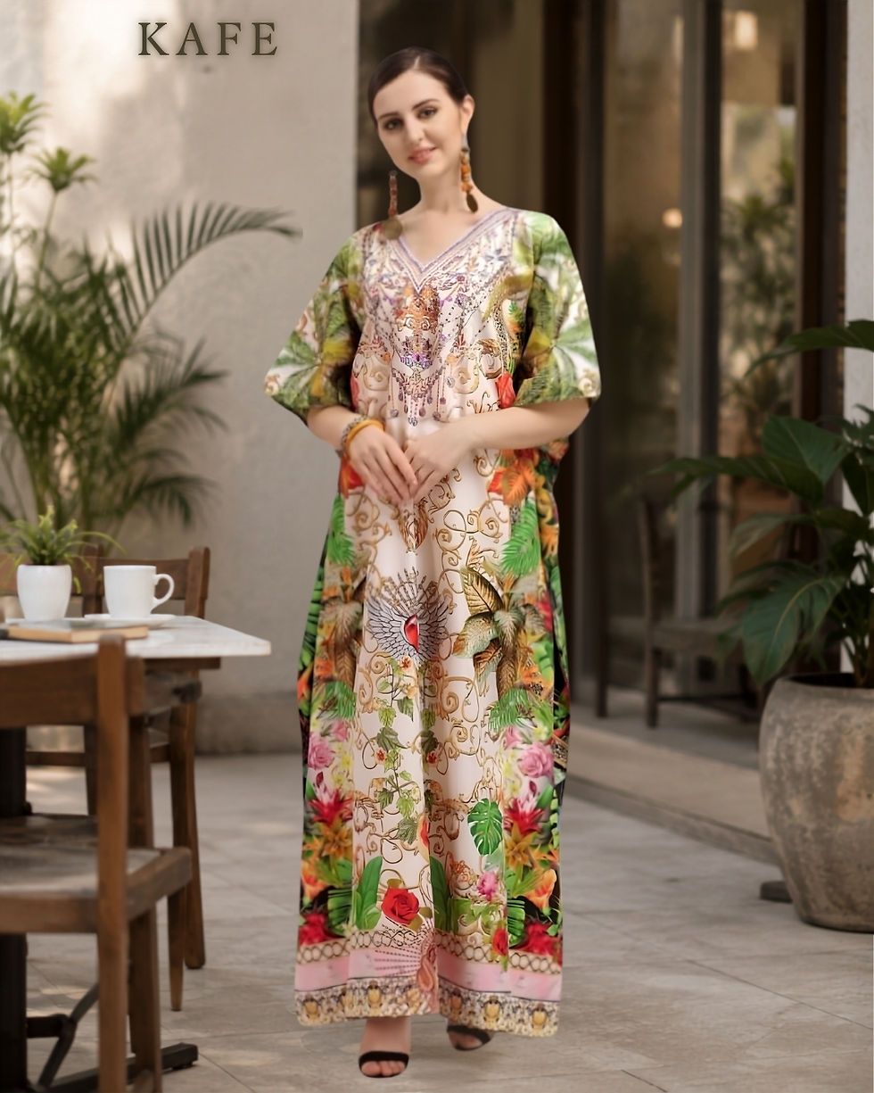 Kaftan worn at a café table showcasing versatility