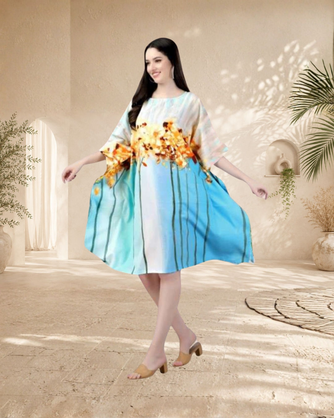 short kaftan with yellow floral design and vertical blue‑green stripes.