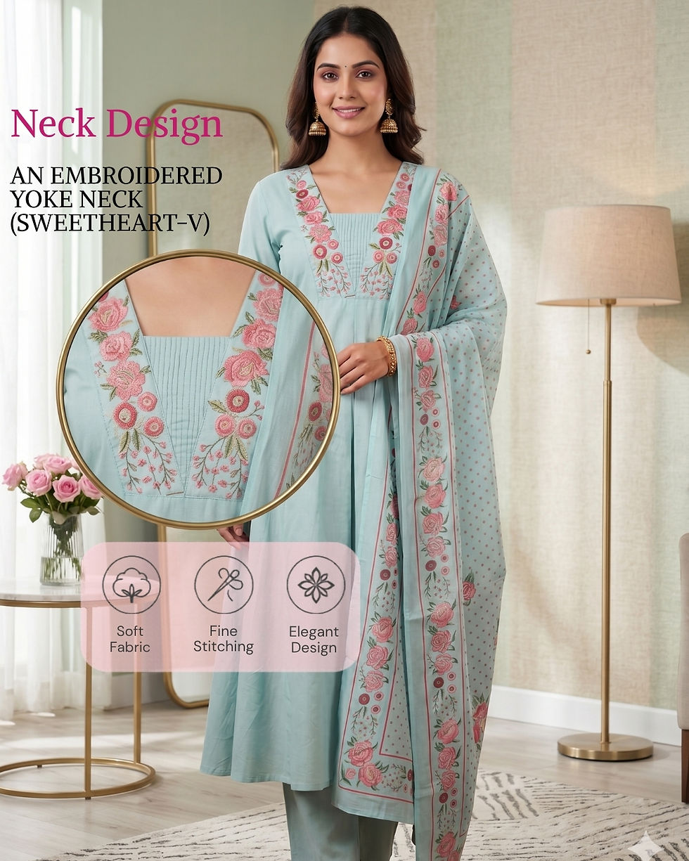Thumbnail: Detailed close‑up of embroidered sweetheart‑V yoke neckline on sage green cambric cotton kurti.