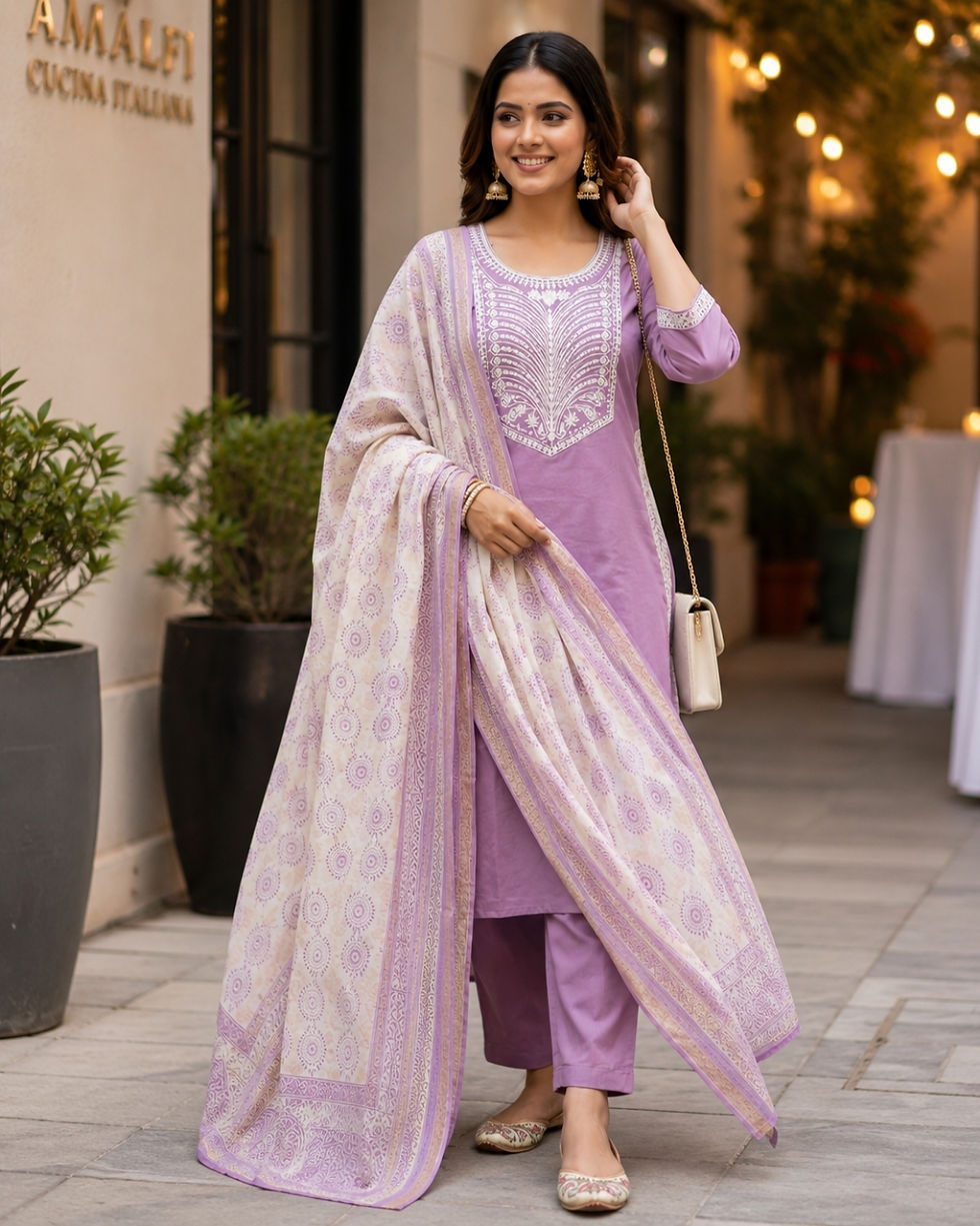 Thumbnail: Lavender cotton kurta pant set with embroidered round neck and printed dupatta displayed outdoors.