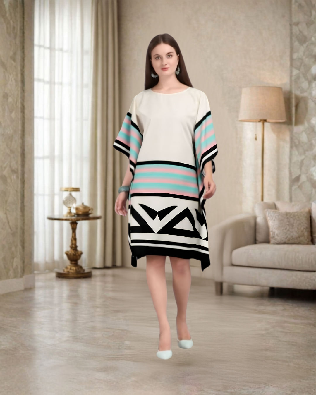 Front view of striped short kaftan in polyester crepe with turquoise, pink, black, and white geometric pattern