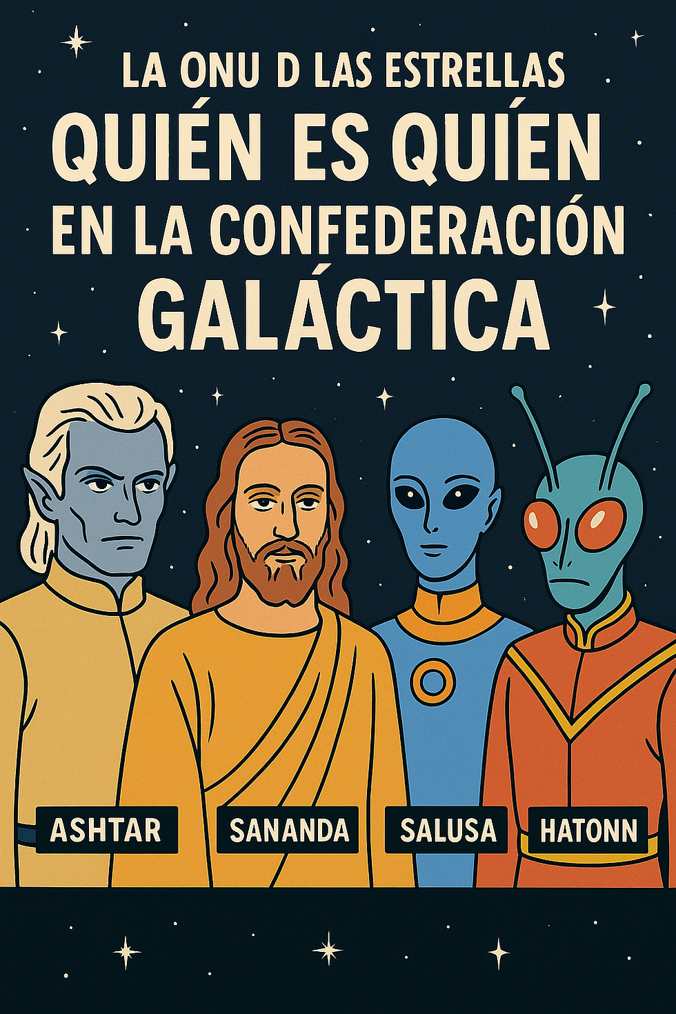 "Ilustración humorística estilo cómic de líderes galácticos: Ashtar, Sananda, Salusa y Hatonn"