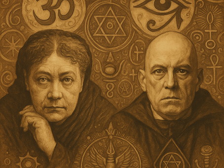 Retrato de Madame Blavatsky y Aleister Crowley frente a un fondo con símbolos esotéricos y motivos orientales.