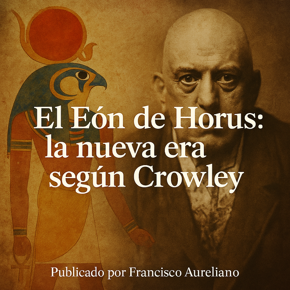 Retrato de Aleister Crowley junto a una ilustración de Horus, representando la idea del Eón de Horus y el cambio espiritual propuesto por Thelema.