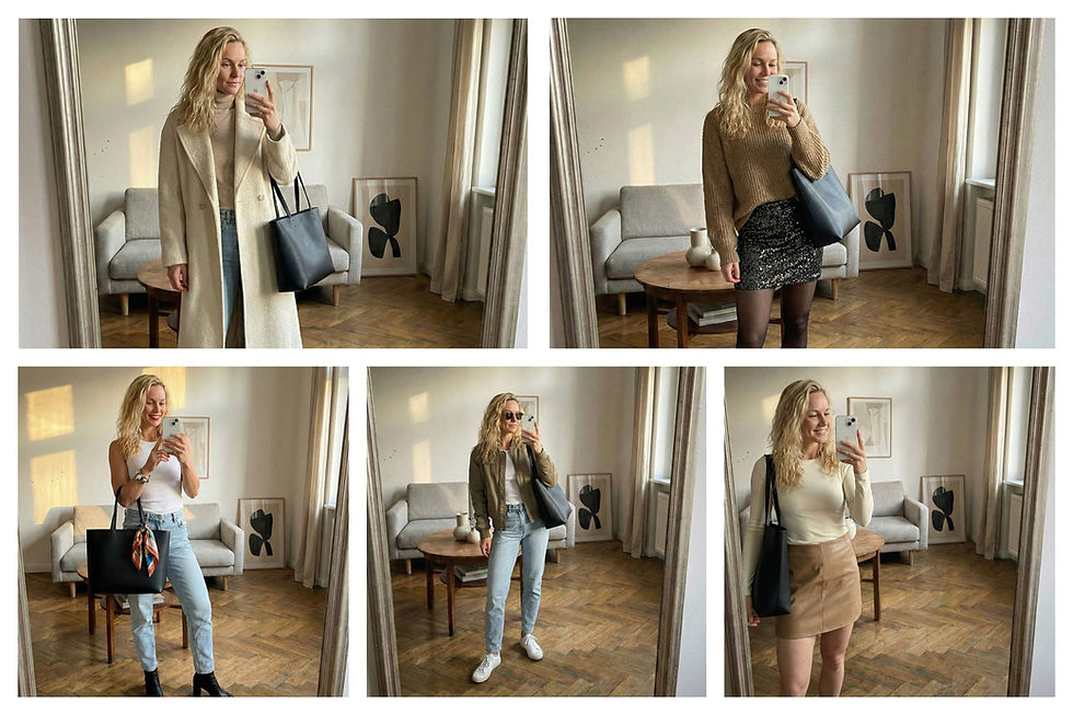 Eye-level view of a clothing rack featuring minimalist Scandinavian outfits