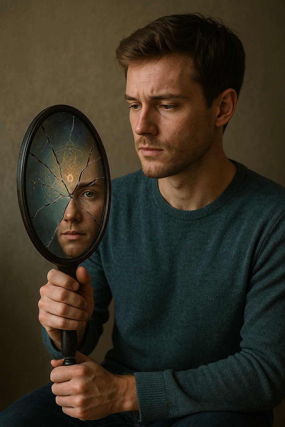 Homme observant son reflet dans un miroir fissuré, où se mêlent mandala spirituel et visage humain réel.
