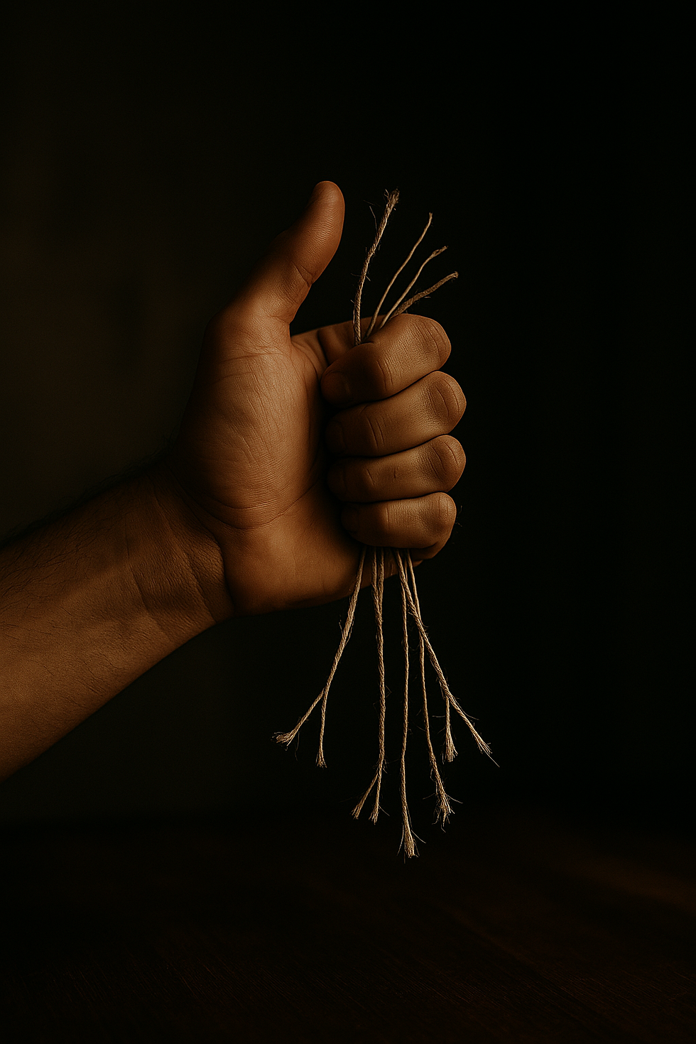 Une main qui tient des fils coupés, symbolisant la libération et la rupture du lien d’emprise.