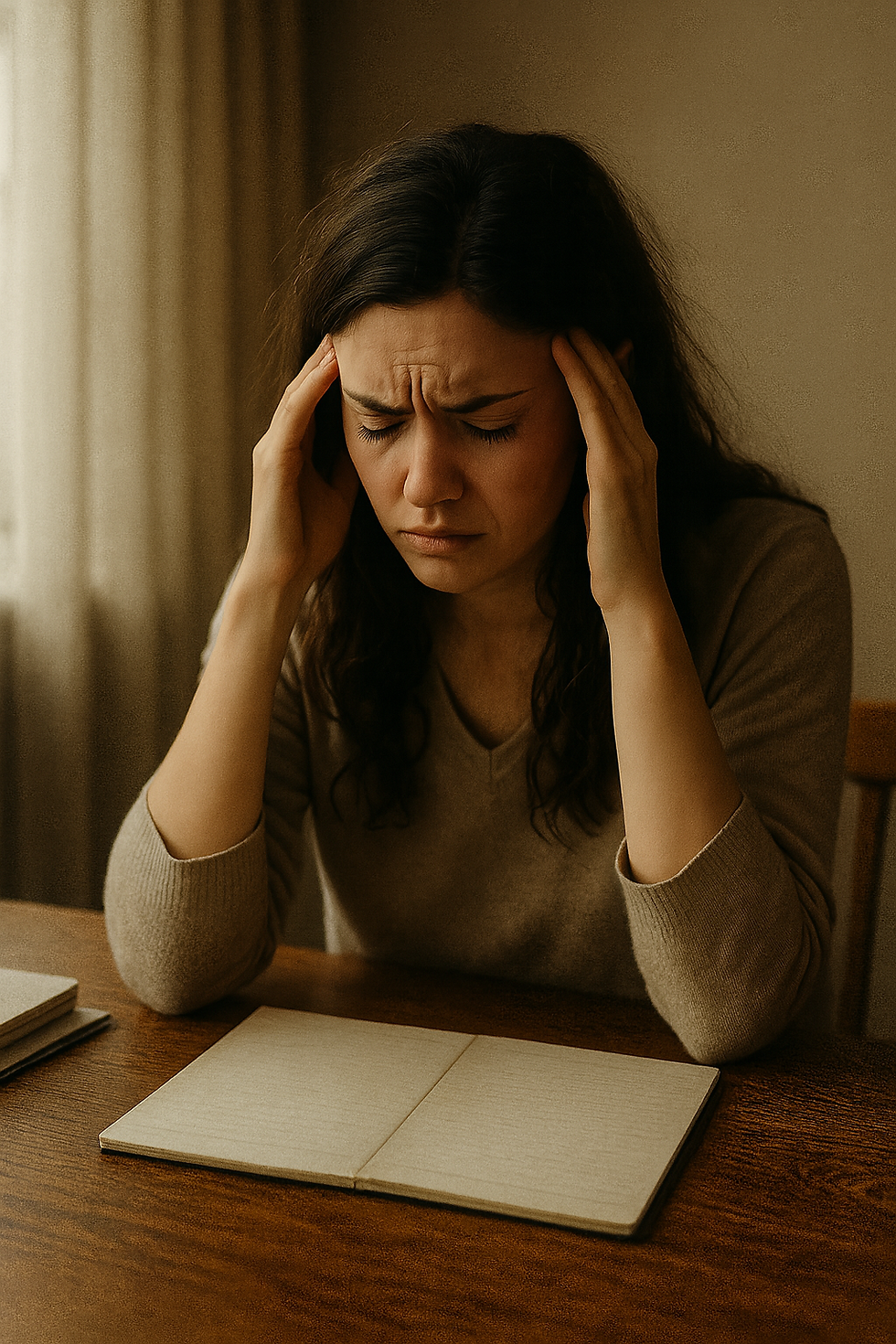 Jeune femme confuse devant son carnet, symbolisant la dispersion et la contradiction vécues par le patient lorsqu’il consulte plusieurs thérapeutes sans coordination.