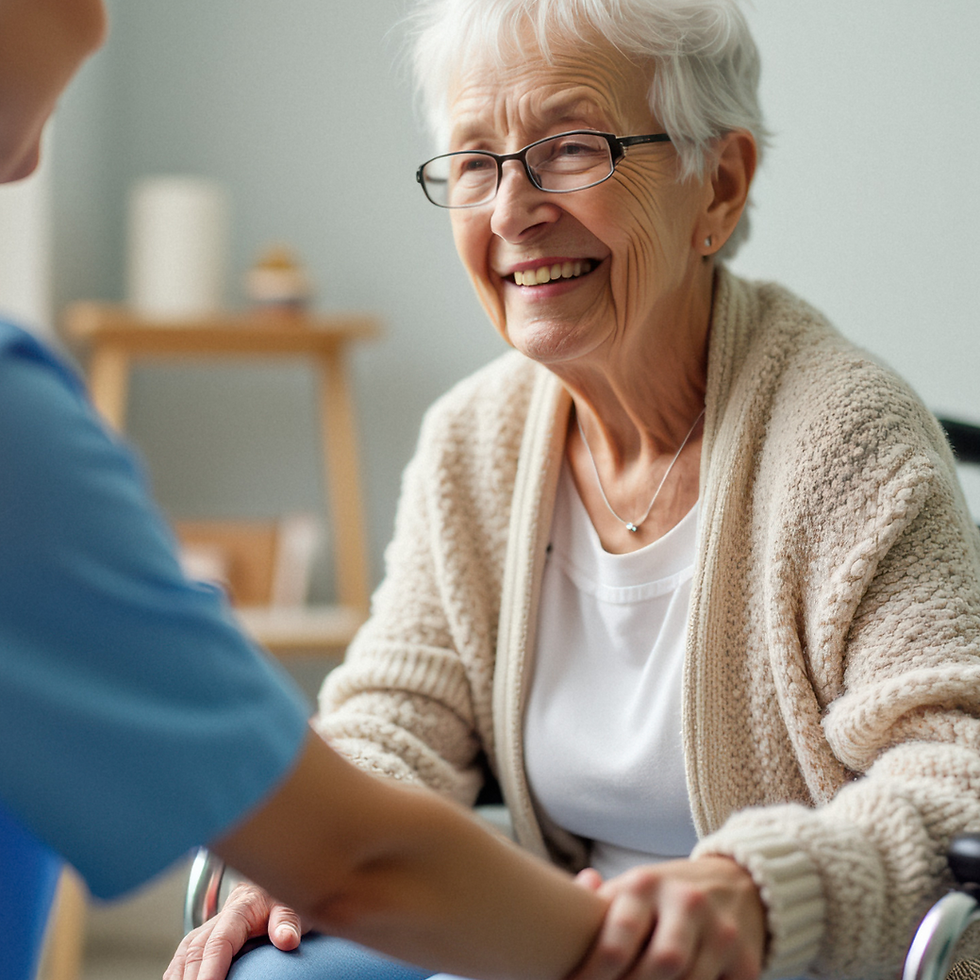Elderly woman smiling, sitting in a cozy room, wearing a beige sweater. She holds hands with a person in a blue shirt, conveying warmth.
