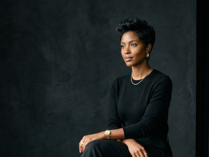 An elegant black woman sits after a professional haircut