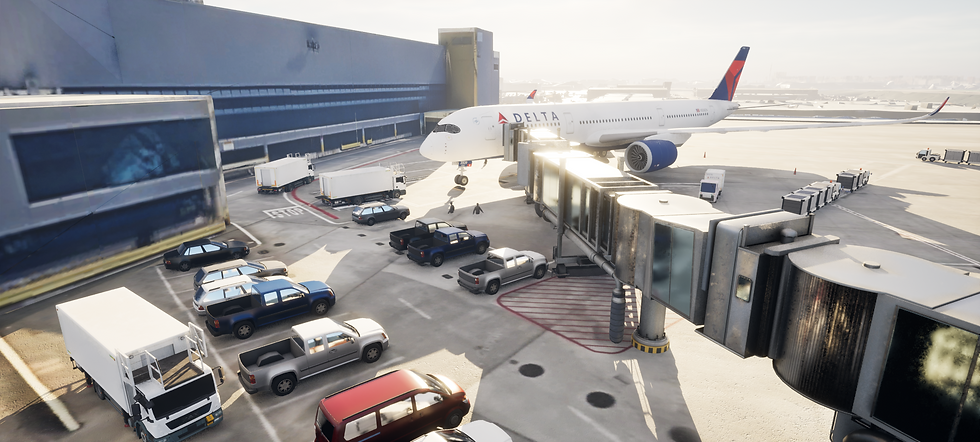 Autonoma's AutoVerse simulates complex airport operations, optimizing everything from ground mobility to flight turnaround, showcased in a dynamic airport scene.