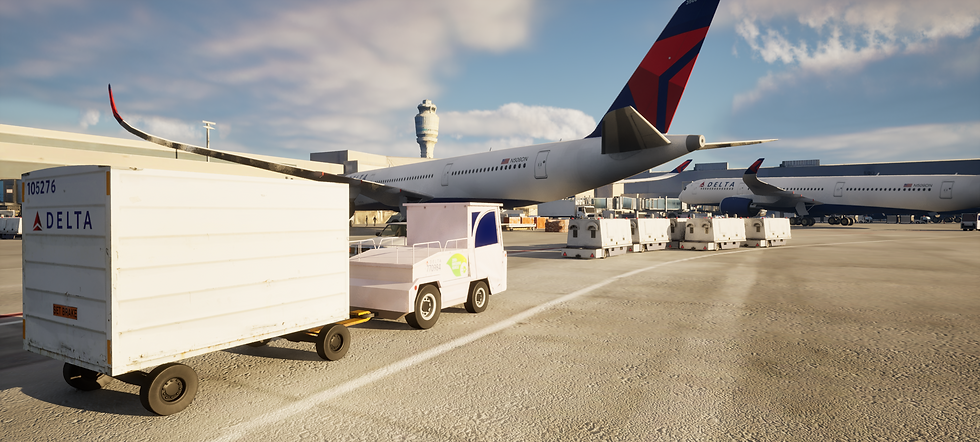 Airport tarmac with a white luggage cart and plane in the background. Blue sky and distant control tower create a busy mood.