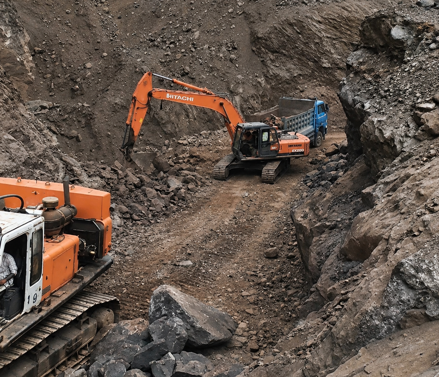 Two orange excavators working in a rocky open-pit manganese ore mine with a blue dump truck