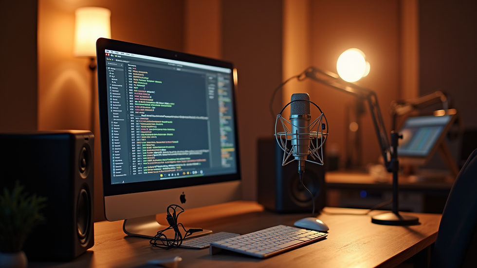 Wide angle view of a well-lit podcast studio with soundproofing and recording equipment
