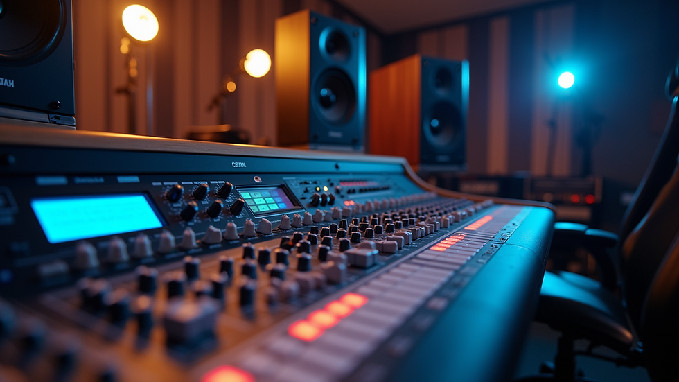 Close-up view of a recording console with audio equipment