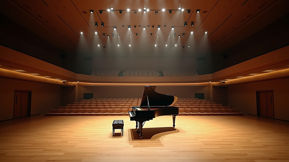 High angle view of a well-lit recital hall with a grand piano