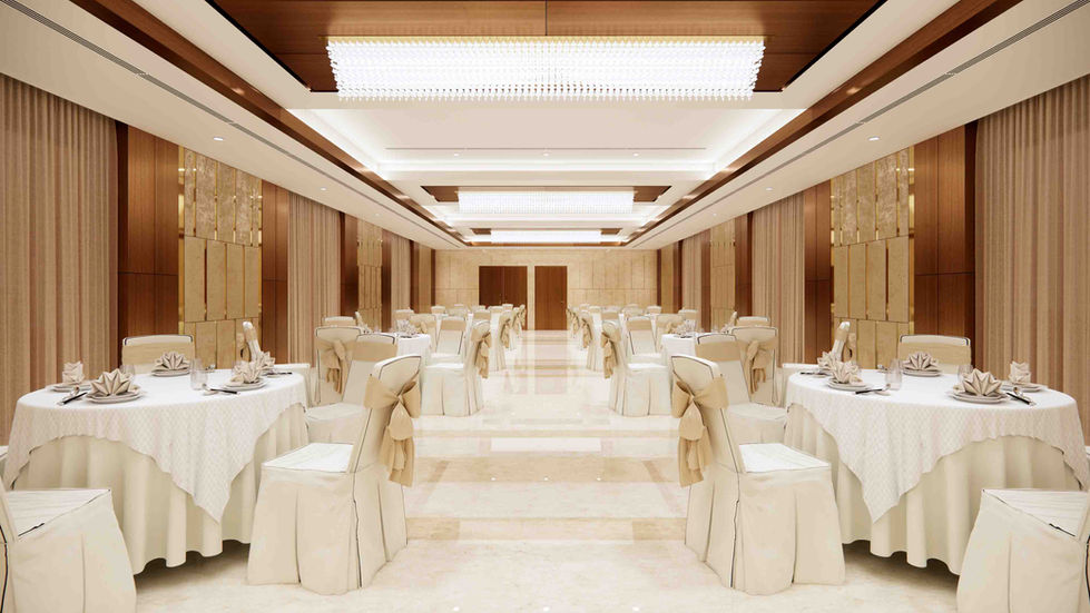 Banquet hall interior showing coffered ceiling, linear lighting, and organised table layout designed for smooth circulation and visual balance.
