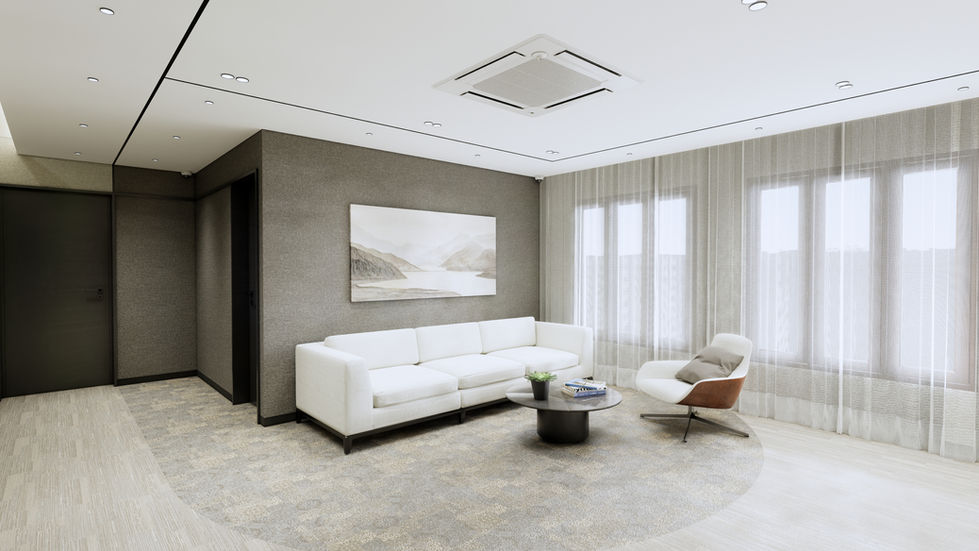 Lounge zone with a plush sofa and single-seater near full-height glazing. Backdrop features a bold abstract artwork, adding visual interest to the neutral material palette.