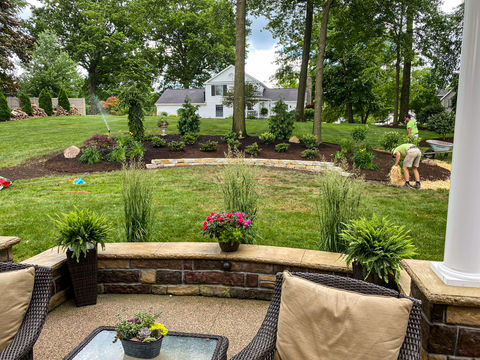 new landscape with new plantings and natural stone accents in Wooster, Ohio.