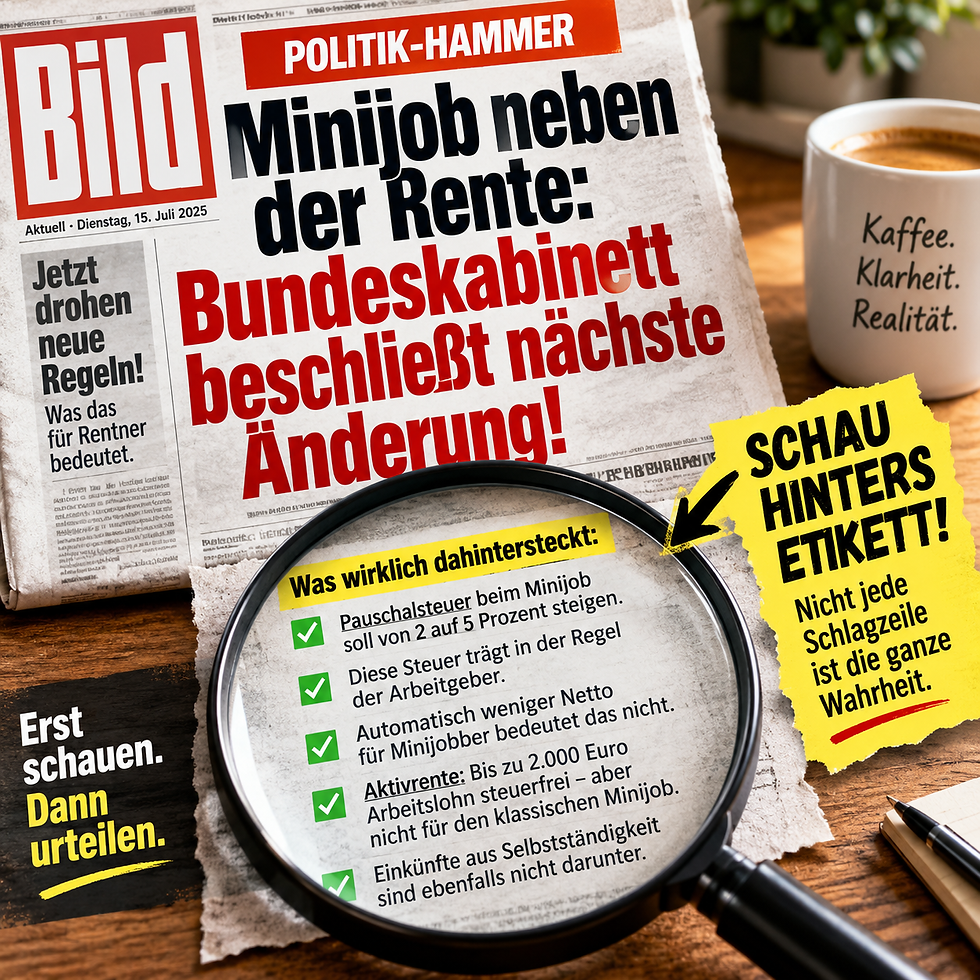 Zeitungsähnliche Grafik zum Thema Minijob neben der Rente mit Lupe und Hinweis „Schau hinters Etikett“