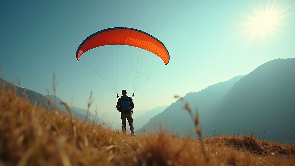 Eye-level view of a paraglider preparing for takeoff in Kamshet