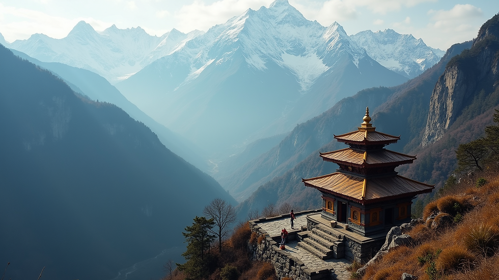 High angle view of the Tungnath temple surrounded by mountains