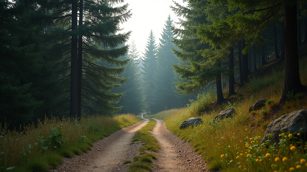 Eye-level view of a trekking path surrounded by pine trees