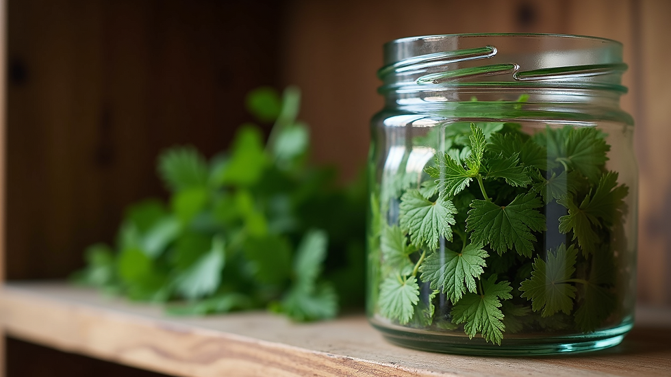 Eye-level view of dried nettle leaves in a glass jar on a wooden shelf