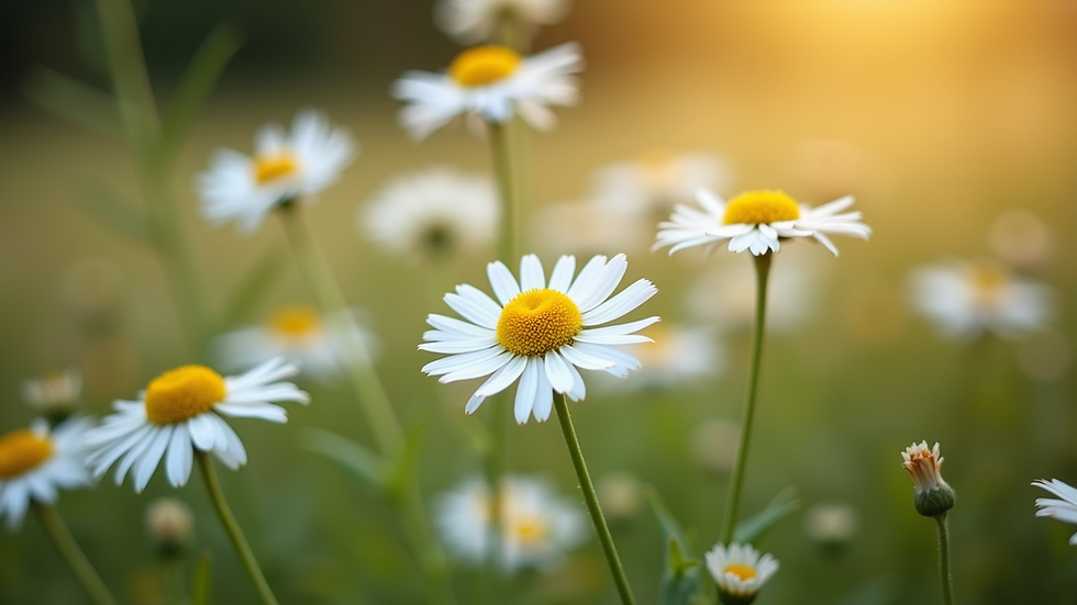 Close-up view of fresh chamomile flowers in a garden