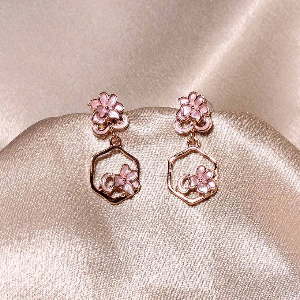 Thumbnail: Pink flower earrings with gold hexagonal drop charms