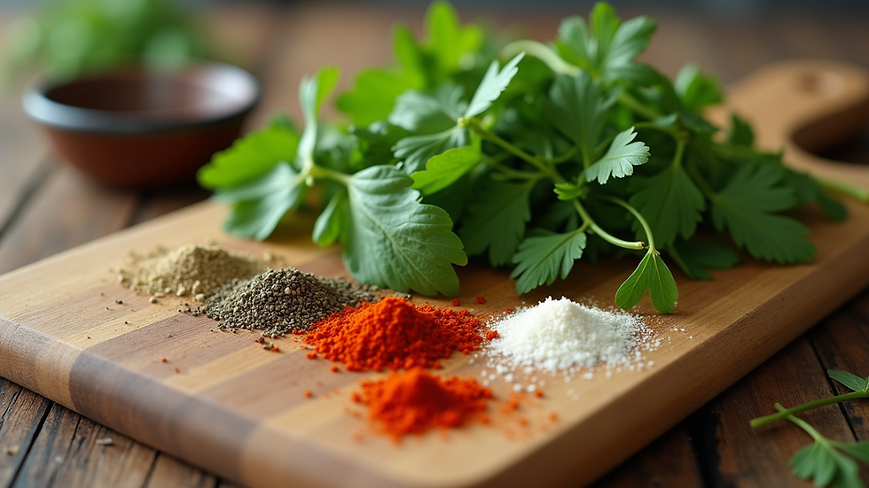 Close-up view of fresh herbs and spices on a wooden cutting board