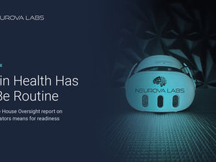 Neurova Labs logo beside a glowing Neurova Labs headset, with the headline Brain Health Has to Be Routine
