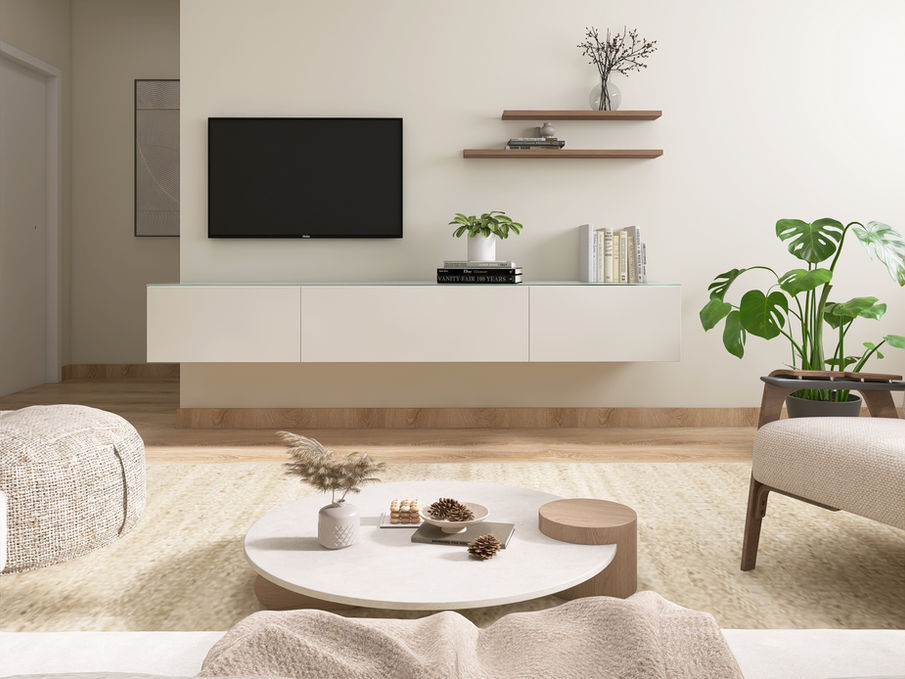 Modernes Wohnzimmer mit schwebender TV-Konsole, Wandregalen, rundem Couchtisch, Pflanzen und einer gemütlichen, minimalistischen Einrichtung.