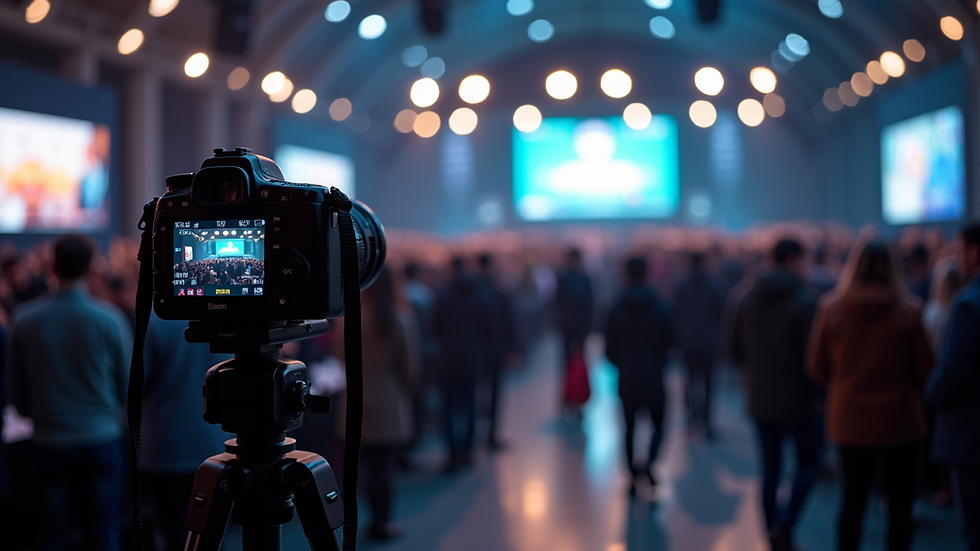 Eye-level view of a professional camera on a tripod at an event venue