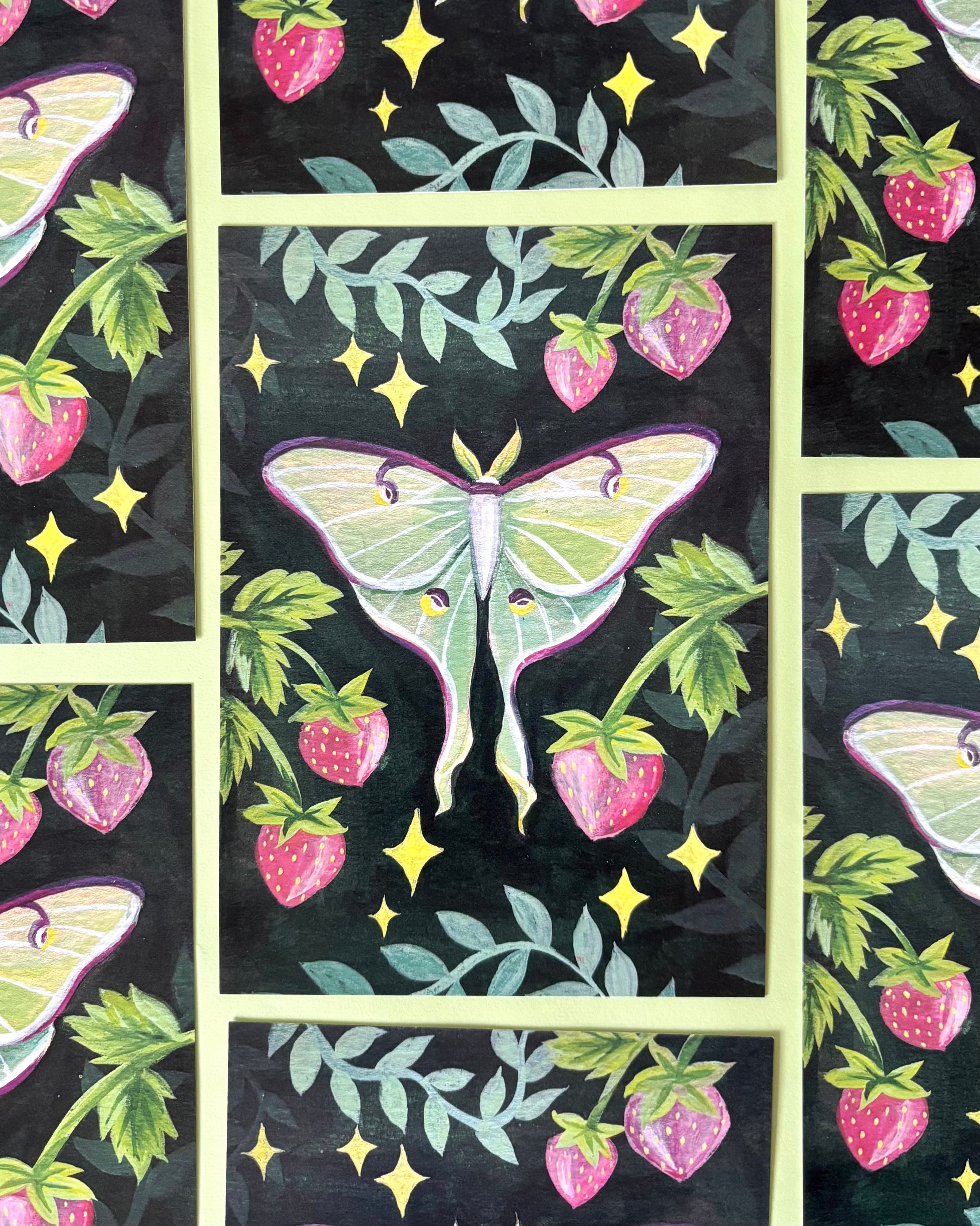 Luna Moth & Strawberries: Gouache Art Print 