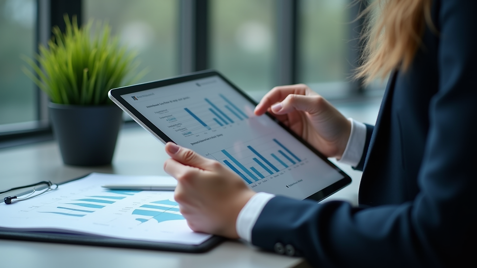 Close-up view of a person reviewing fractional CIO profiles on a tablet