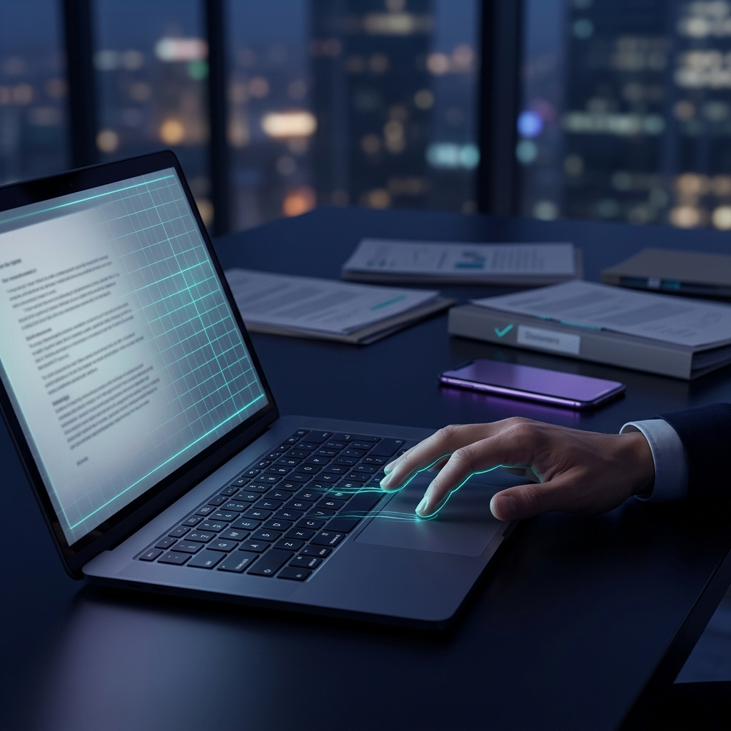 A hand on a laptop keyboard with documents on a desk at night