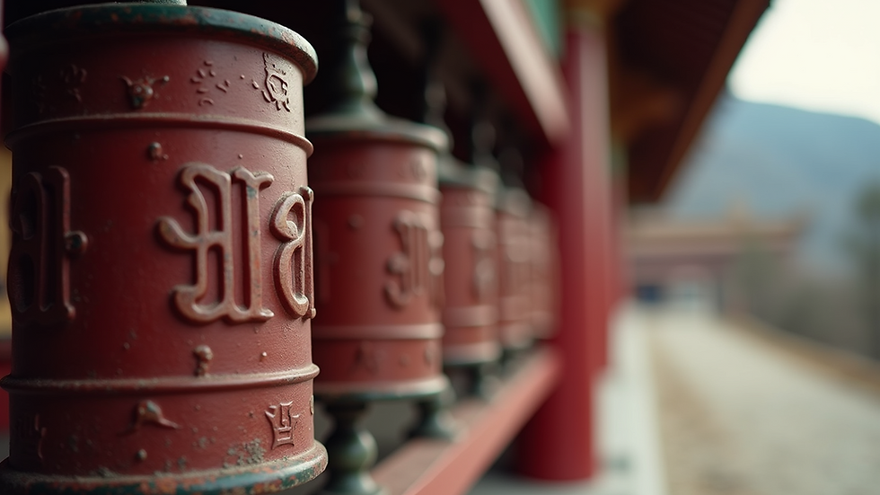 Close-up view of prayer wheels at Khecheopalri Monastery