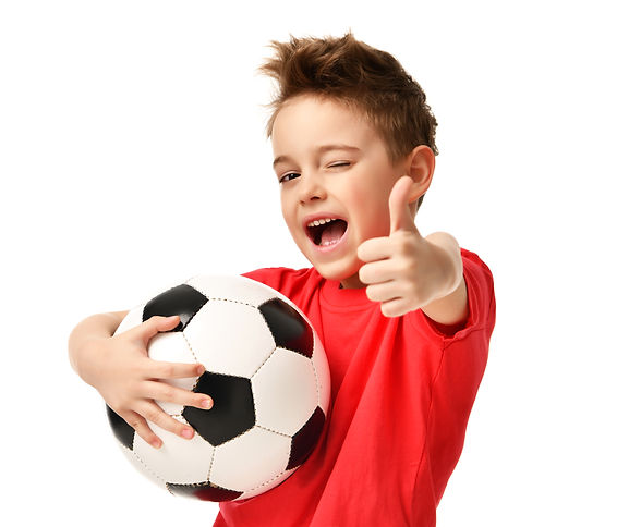 Fan sport boy player hold soccer ball in red t-shirt celebrating happy smiling laughing sh