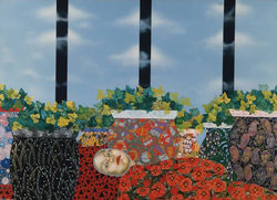 1990, Figure between Pots acrylic on board cm. 106x75