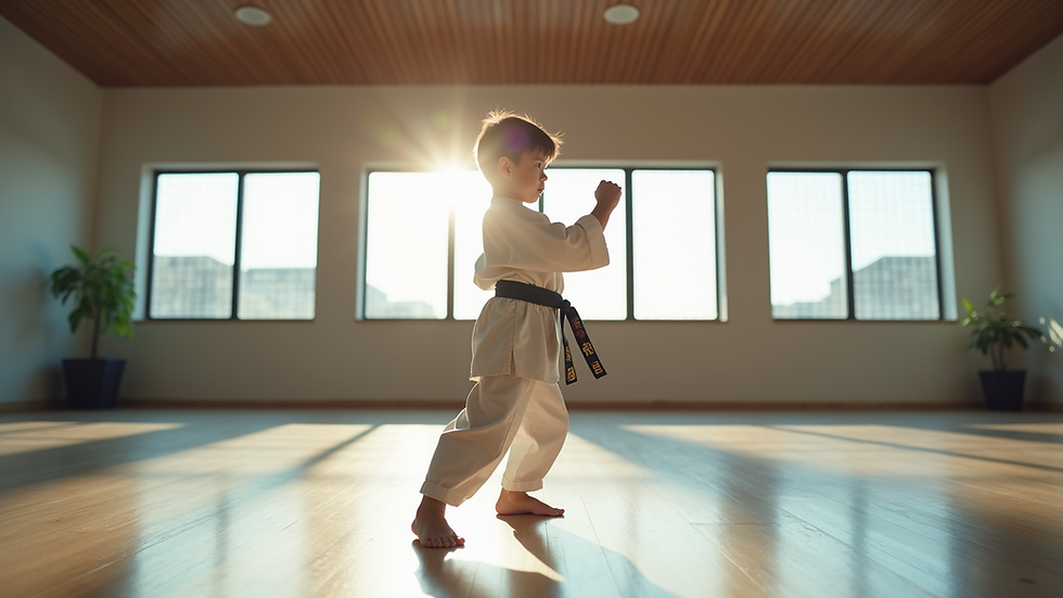 Eye-level view of a child practicing martial arts stance in a bright training hall